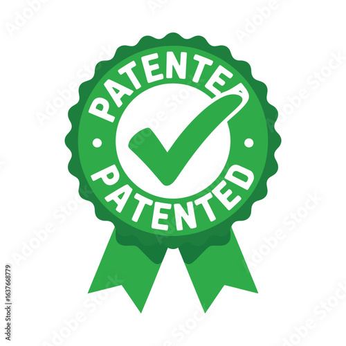 Green patented badge with check mark and ribbons