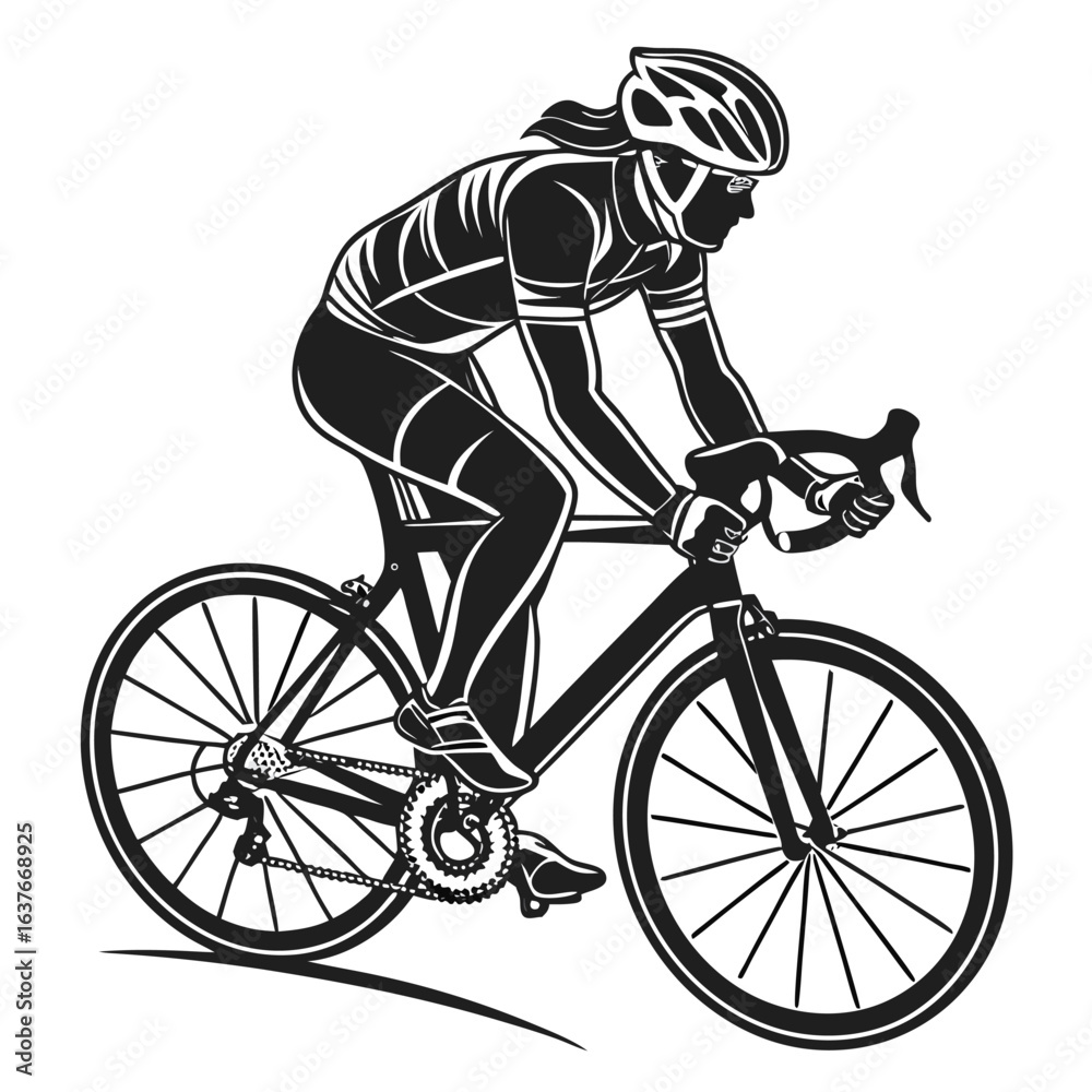 Naklejka premium Dynamic Monochrome Depiction of a Cyclist in Motion Vector Illustration Emphasizing Speed and Endurance on a Road Bike Sport