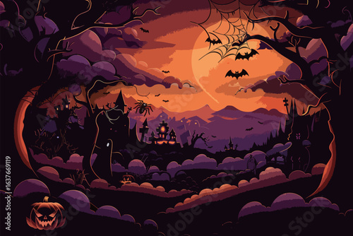 A Halloween themed painting of a forest with a moon and bats flying in the sky. The painting is full of dark colors and has a spooky mood