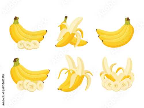 Banana Array: A vibrant array of ripe bananas, showcasing peeled and whole fruits, offering a vivid glimpse into nature's simple bounty.