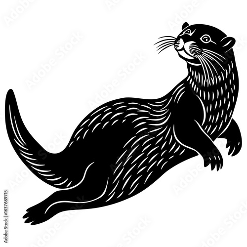 Playful otter swimming and looking upward silhouette