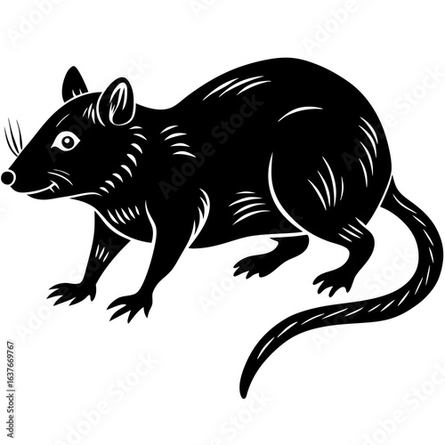 Black rat silhouette with white accents on a white background