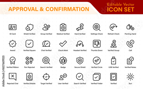 Approval and confirmation minimal thin line icon collections. Related accept, certified, agreements, validation, confirmation.