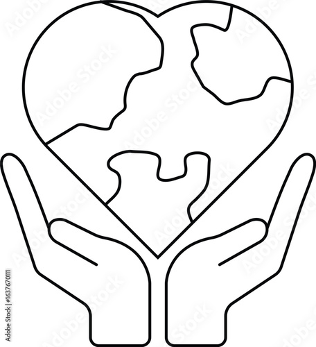 Heart-shaped Earth held by two hands in minimalist line vector style, symbolizing love, care, and protection for the planet, isolated on white background for environmental and charity themes