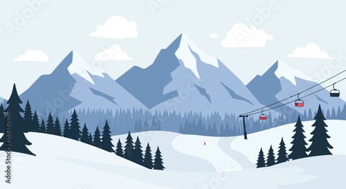 Winter Mountain Landscape with Ski Lift and Pine Trees silhouette