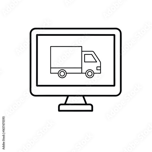 computer with shopping cart icon, outline vector of desktop screen with cart symbol for online shopping, e-commerce websites, and digital retail interfaces