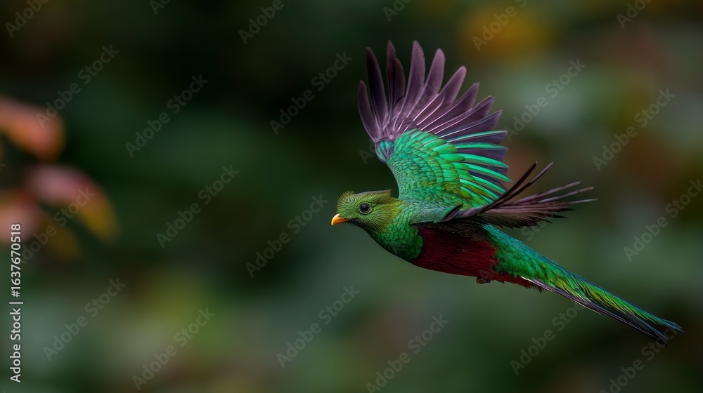 Obraz premium Flying Resplendent Quetzal Pharomachrus in lush rainforest, showcasing vibrant colors and graceful flight dynamics during daylight hours