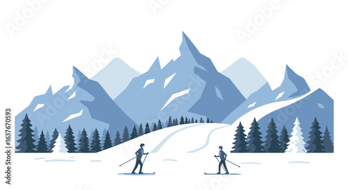 Cross Country Skiers in Snowy Mountains Landscape Illustration silhouette