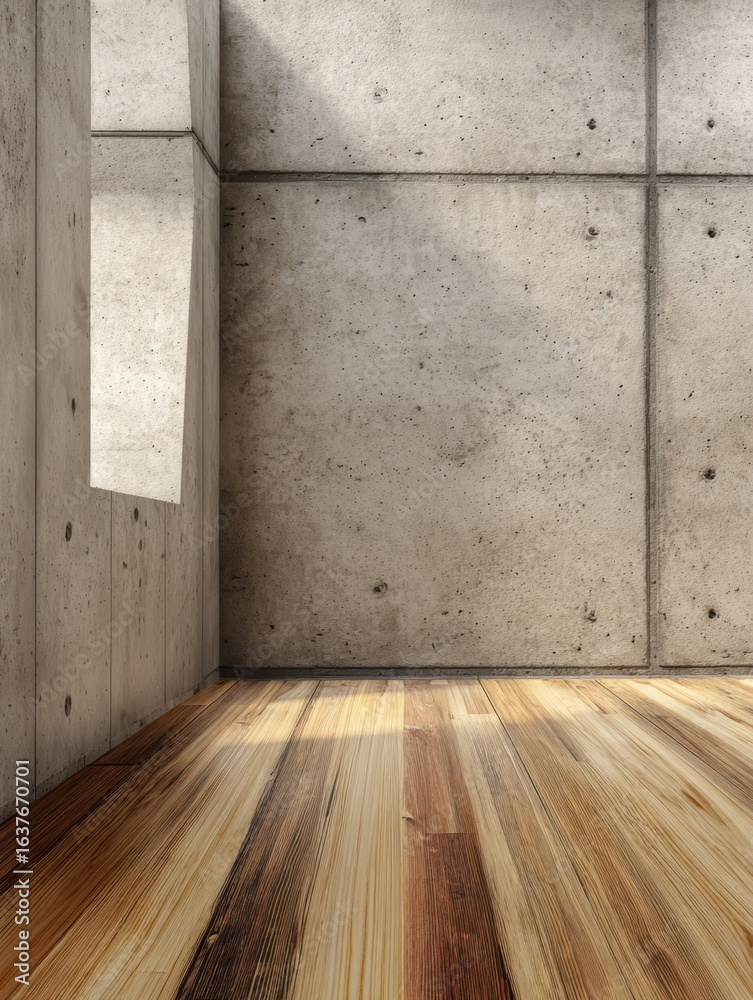 Naklejka premium Wooden floor with concrete walls