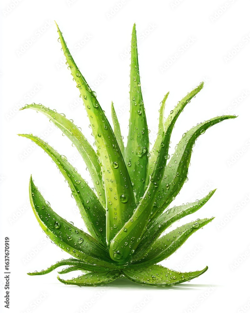 Fototapeta premium Bright green aloe vera plant, succulent leaves, water droplets