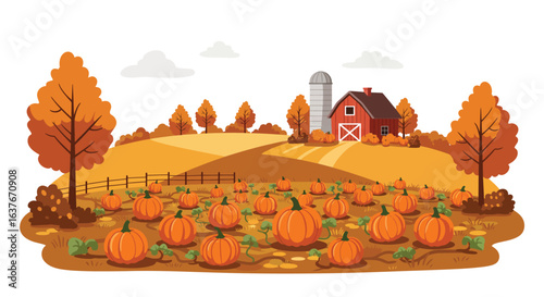 Autumn Pumpkin Patch Farm Landscape with Barn and Silo Illustration silhouette