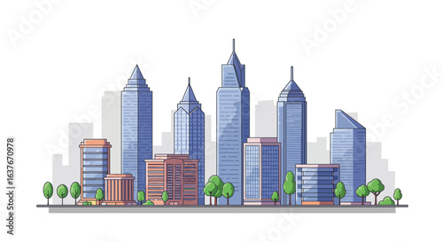 Modern Cityscape with Skyscrapers and Green Trees Illustration silhouette