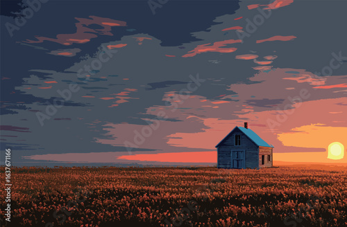 A small, old house sits in a field with a beautiful sunset in the background. The sky is filled with clouds, creating a serene and peaceful atmosphere. The house appears to be abandoned