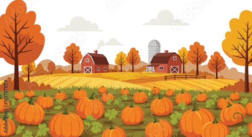 Autumn Farm Landscape with Pumpkins and Barns silhouette