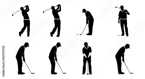Silhouette sequence showing a golfer in various stages of a golf swing against a white background