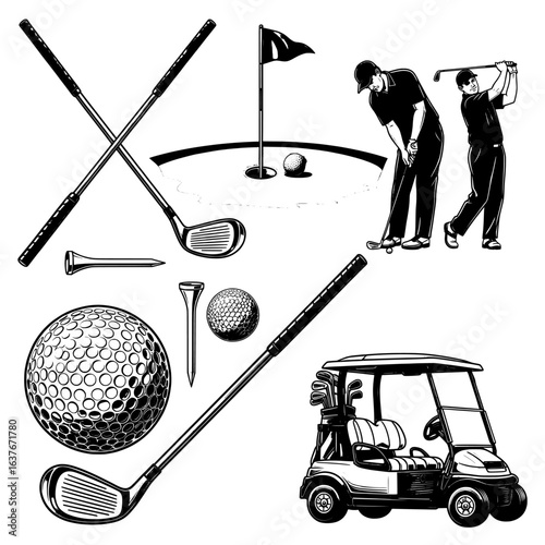 A monochrome illustration showcasing golf equipment players and a golf cart in a detailed composition