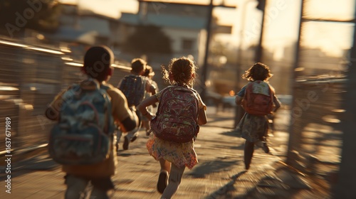 A group of children sprinting home from school in joyous exhilaration bathed in the warm late afternoon sunlight with