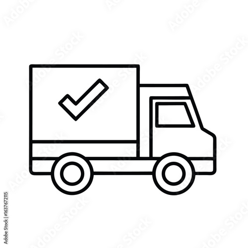 confirmed delivery truck icon, outline vector of logistics vehicle with checkmark symbol for verified shipments, delivery confirmation, and courier platforms