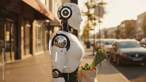 Humanoid robot carrying grocery bag in urban street