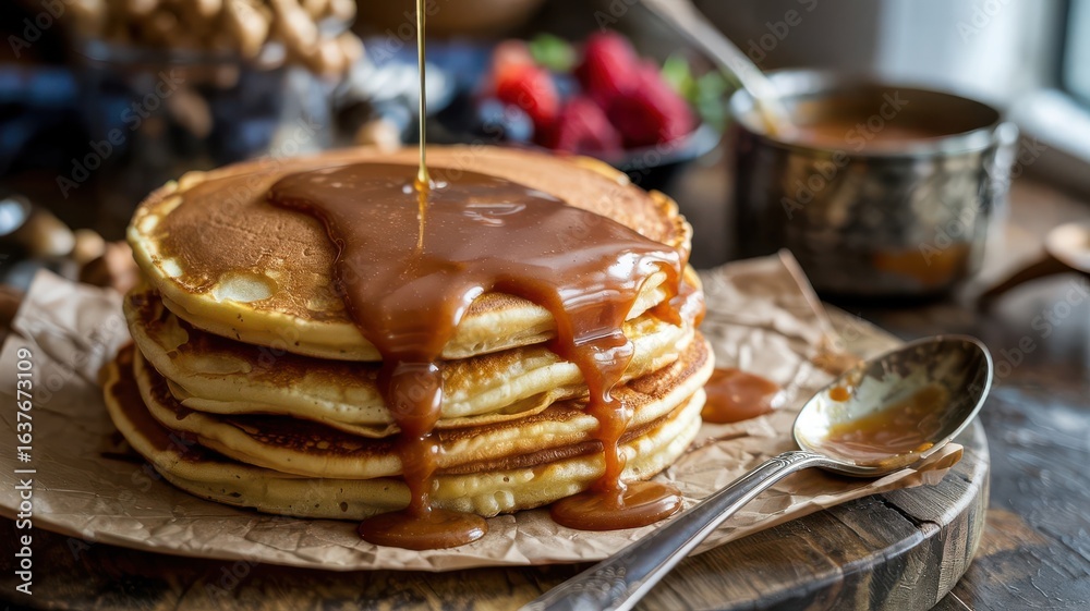 Golden caramel sauce pouring over stack of fluffy pancakes on wooden cutting board with vintage spoon and blurred berries background, natural lighting breakfast scene Golden caramel sauce pouring over stack of fluffy pancakes on wooden cutting board with vintage spoon and blurred berries background, natural lighting breakfast scene