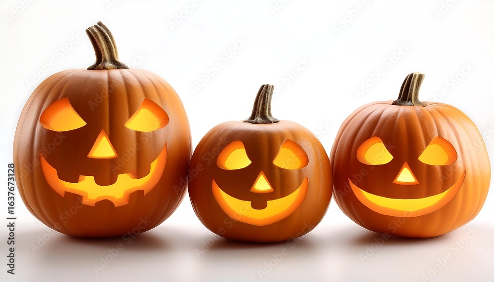 Fototapeta premium Three jack-o-lanterns on a white background for Halloween celebration. Generative AI.