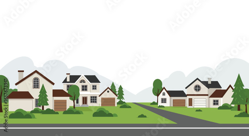 Suburban Neighborhood with Houses and Trees in Flat Vector Style silhouette