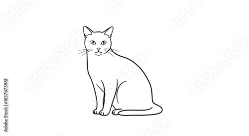 Minimalist line art illustration of a cat sitting, clean black outline on white background.