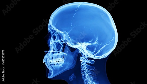 Profile view of a human skull, rendered in translucent blue against a black background, showcasing detailed bone structure