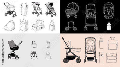 A collection of baby gear illustrations, including strollers, car seats, bottles, and bags, ideal for parenting and child gear designs.