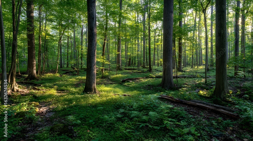 Obraz premium Sunlight filters through a dense forest.