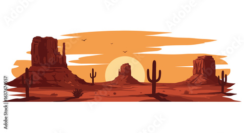 Desert Landscape with Cacti and Rock Formations at Sunset silhouette