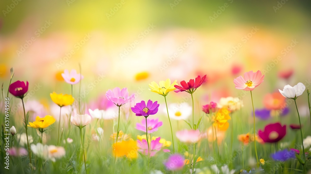 Obraz premium Colorful flower field during bright sunny day.