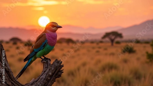 Vibrant lilac breasted roller bird perched beautifully at sunset in African savanna wildlife scene