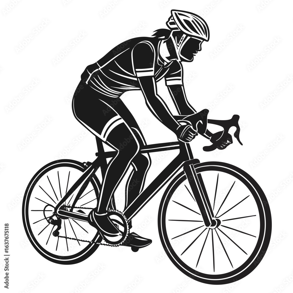 Naklejka premium Monochrome Silhouette of a Cyclist Riding a Road Bike, Wearing a Helmet and Racing Gear, in Dynamic Motion on a White Background