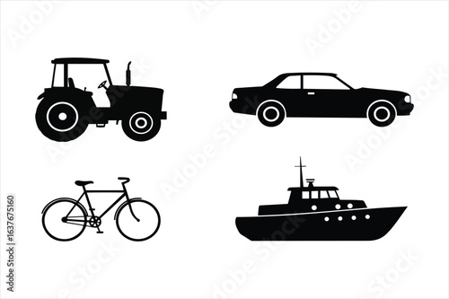 Collection of four different vehicle silhouettes including a tractor car bicycle and boat silhouette