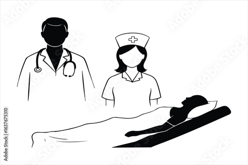 Doctor and nurse attending to patient in hospital bed silhouette
