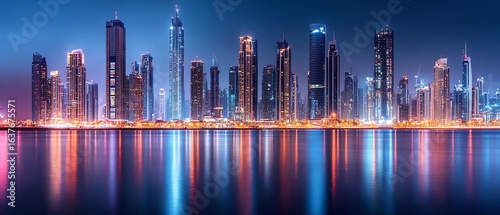 Stunning skyline at night with vibrant reflections.