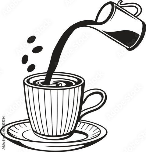Black and white illustration of coffee being poured into a cup with saucer. Minimalist vector design perfect for café, breakfast, and beverage themes. Ideal for menus, branding, and packaging.