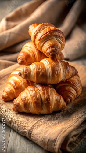 Delicious golden croissants stacked high, perfect for breakfast ads or bakery promotions, evoking warmth and indulgence for food lovers
