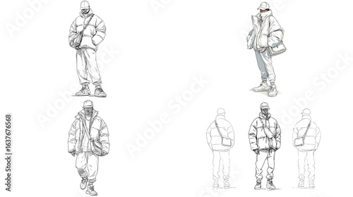 Winter streetwear fashion sketch illustration, featuring a thick jacket, loose pants and casual accessories for a modern urban style trend design.