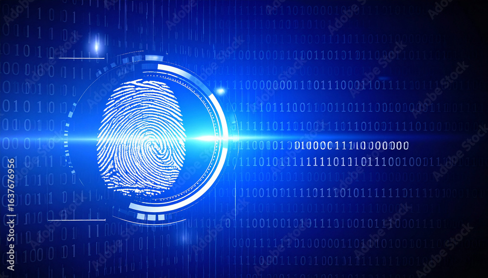 Obraz premium Digital Authentication: A high-tech digital fingerprint, radiating with a vibrant blue glow, positioned over a backdrop of binary code, symbolizing advanced security and access.