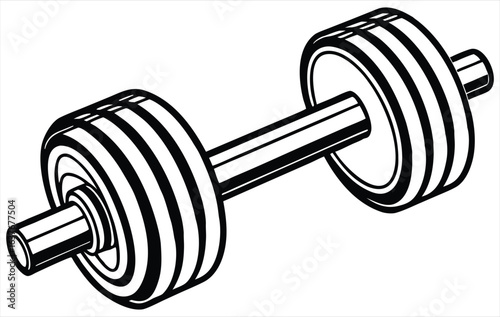 A black and white illustration of a single dumbbell with multiple weight plates on each end symbolizing strength training and fitness