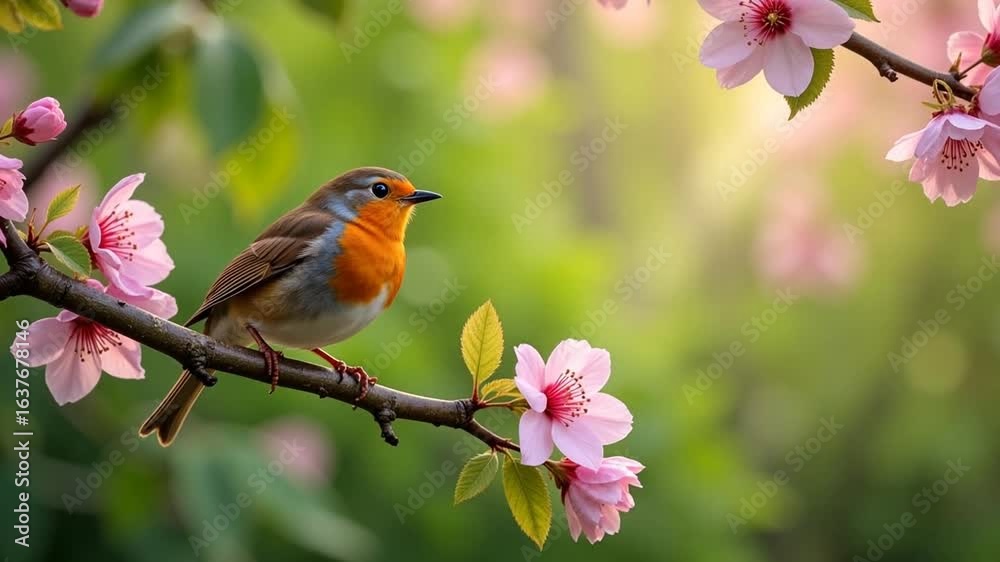 Spring blossom with robin perched gently on branch in sunlit garden, ideal for nature lovers Spring blossom with robin perched gently on branch in sunlit garden, ideal for nature lovers