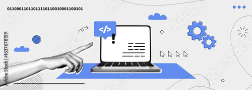 Trendy Halftone Collage Programming and coding concept. Computer laptop with code on screen and hand. Software development. Website coding process. Contemporary vector illustration art