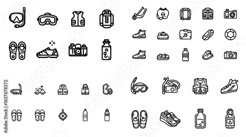 A minimalist collection of iconic water sports gear, including goggles, shoes, life jackets, and water bottles for beach and ocean activities.
