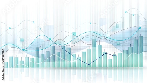 Abstract financial data analysis with charts, graphs, and trends in blue and green tones, isolated on white background