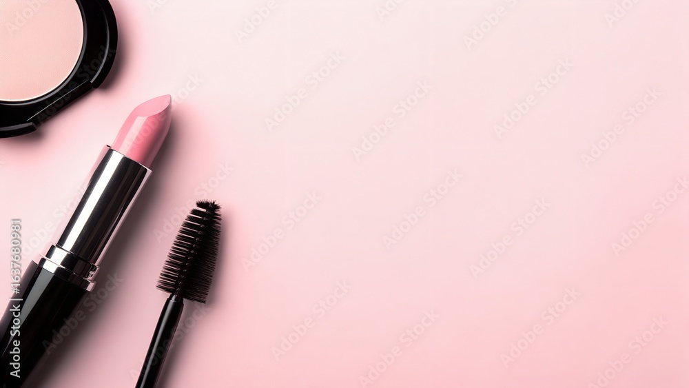 Obraz premium Minimalist Flat Lay Composition of Beauty Essentials Pink Lipstick Beige Compact Powder and Mascara Wand on Pastel Pink Background Ideal for Cosmetic Advertising and Fashion Editorials 