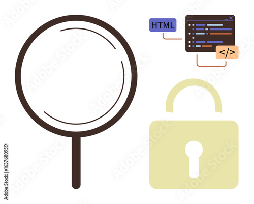 Magnifying glass beside HTML code snippet and padlock, symbolizing search, secure coding, and online protection. Ideal for technology, cybersecurity, data privacy, programming, encryption website