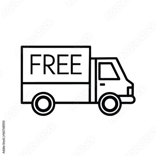 free delivery truck icon, outline vector of logistics vehicle with “free” label for promotional shipping, e-commerce platforms, and marketing campaigns