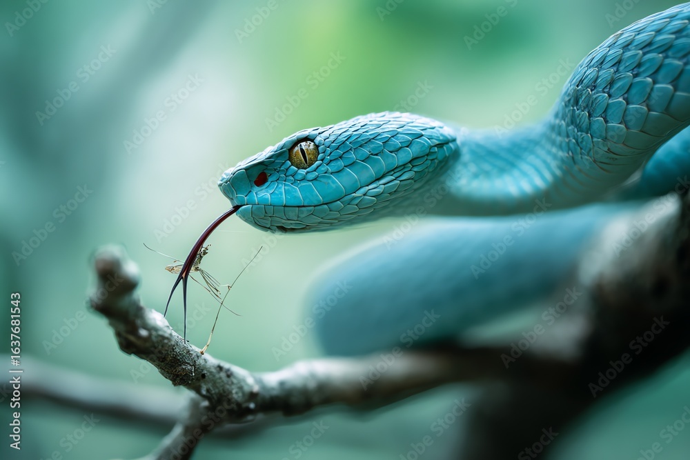 Fototapeta premium A vibrant blue snake delicately holds a slender insect on a branch, showcasing a captivating moment of predator and prey in a lush, natural setting, emphasizing texture and detail.